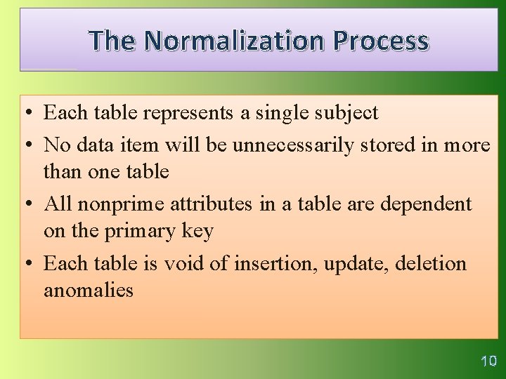 The Normalization Process • Each table represents a single subject • No data item