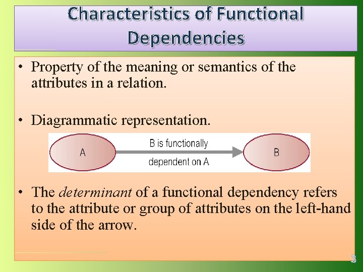 Characteristics of Functional Dependencies • Property of the meaning or semantics of the attributes