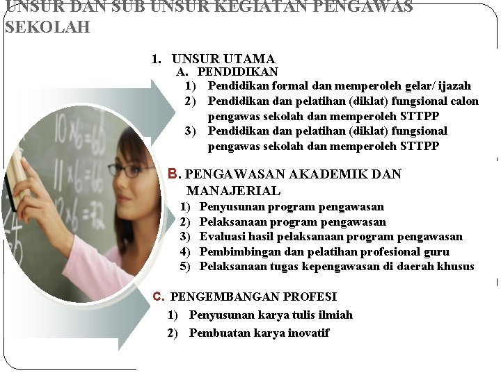 UNSUR DAN SUB UNSUR KEGIATAN PENGAWAS SEKOLAH 1. UNSUR UTAMA A. PENDIDIKAN 1) Pendidikan