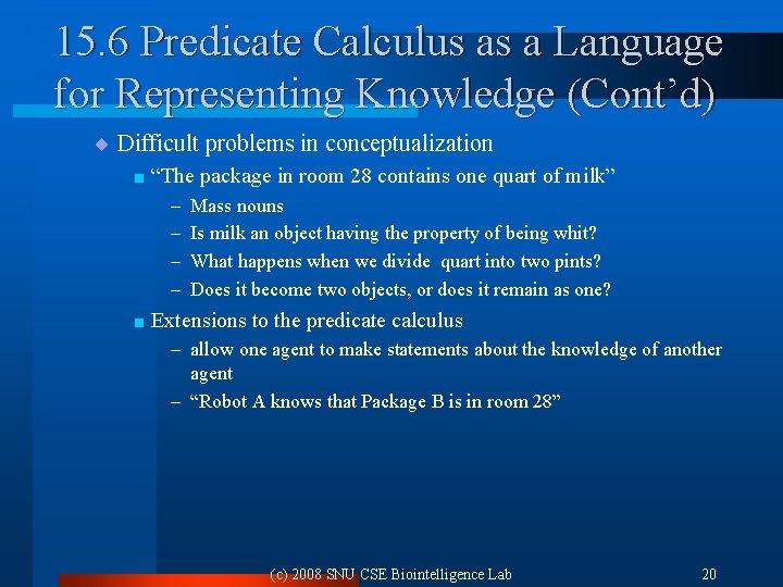 15. 6 Predicate Calculus as a Language for Representing Knowledge (Cont’d) ¨ Difficult problems