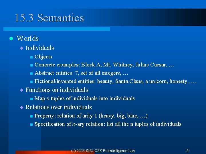 15. 3 Semantics l Worlds ¨ Individuals < Objects < Concrete examples: Block A,