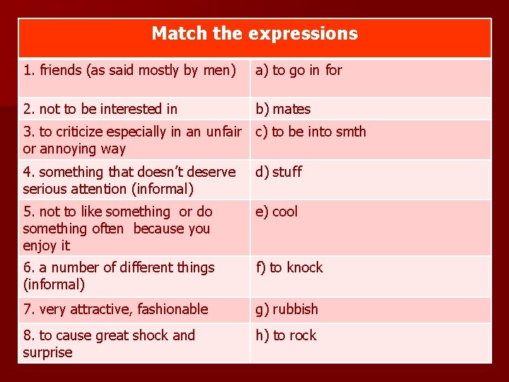 Match the expressions 1. friends (as said mostly by men) a) to go in