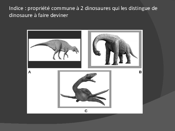 Indice : propriété commune à 2 dinosaures qui les distingue de dinosaure à faire