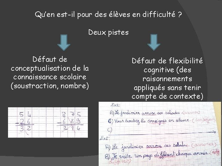 Qu’en est-il pour des élèves en difficulté ? Deux pistes Défaut de conceptualisation de