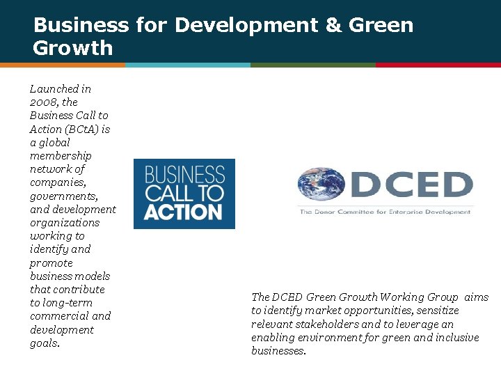 Business for Development & Green Growth Launched in 2008, the Business Call to Action