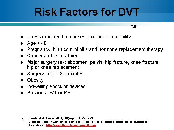 Risk Factors for DVT 7, 8 l l l l l 7. 8. Illness
