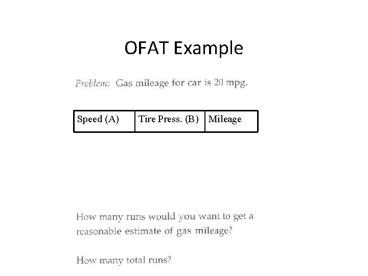 OFAT Example Speed (A) Tire Press. (B) Mileage 