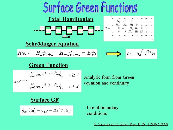 Total Hamiltonian Schrödinger equation Green Function Analytic form from Green equation and continuity Surface