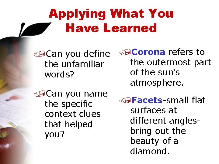 Applying What You Have Learned /Can you define the unfamiliar words? /Can you name