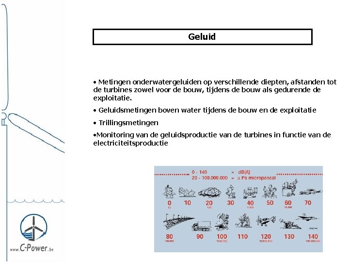 Geluid • Metingen onderwatergeluiden op verschillende diepten, afstanden tot de turbines zowel voor de