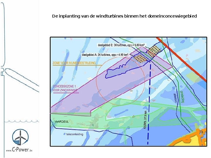 De inplanting van de windturbines binnen het domeinconcessiegebied 