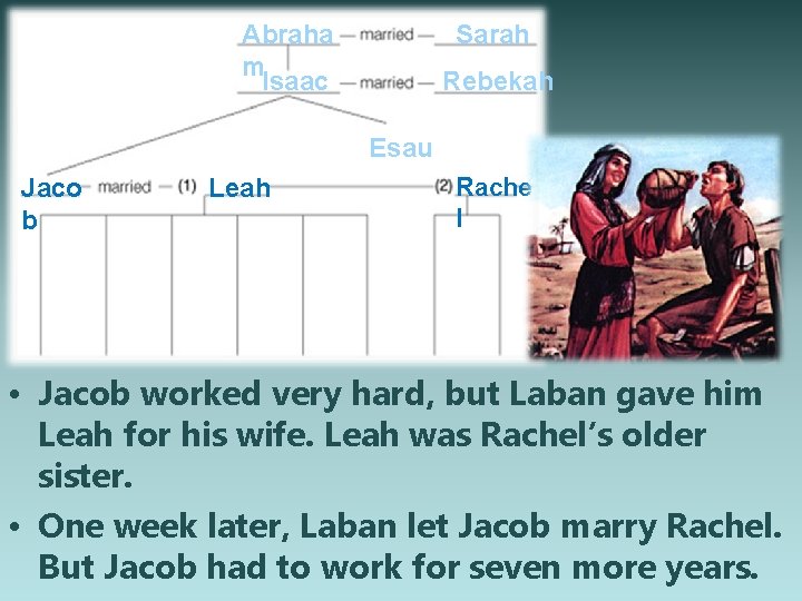 Abraha m Isaac Sarah Rebekah Esau Jaco b Leah Rache l • Jacob worked