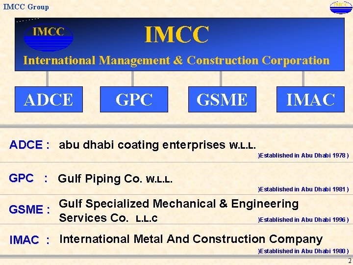 IMCC Group IMCC International Management & Construction Corporation ADCE GPC GSME IMAC ADCE :