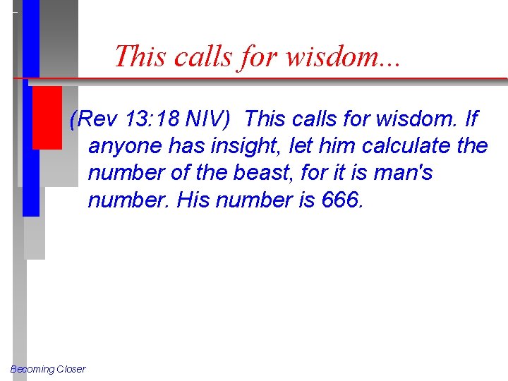 This calls for wisdom. . . (Rev 13: 18 NIV) This calls for wisdom.