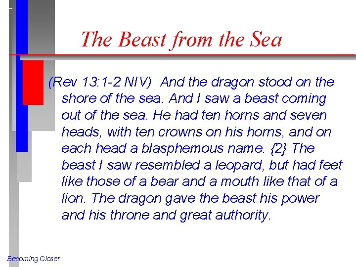 The Beast from the Sea (Rev 13: 1 -2 NIV) And the dragon stood
