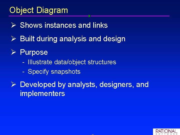 Object Diagram Ø Shows instances and links Ø Built during analysis and design Ø