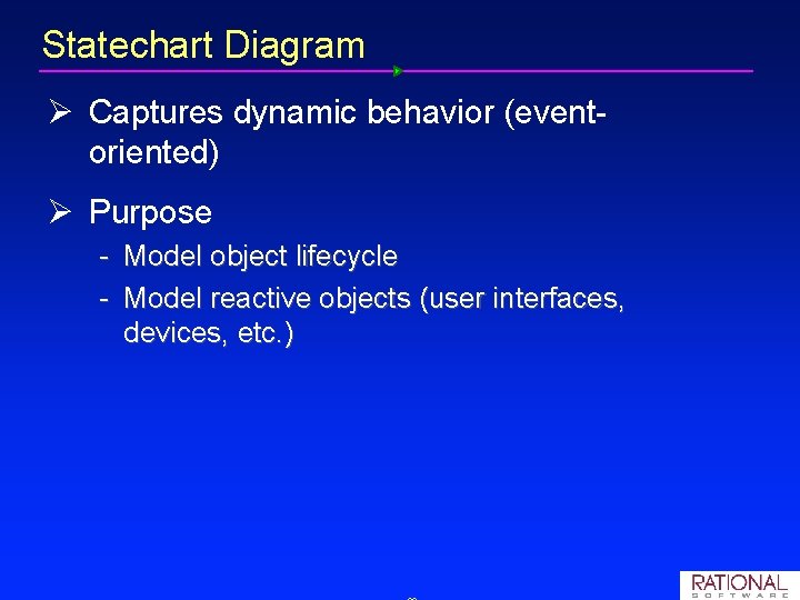 Statechart Diagram Ø Captures dynamic behavior (event oriented) Ø Purpose Model object lifecycle Model