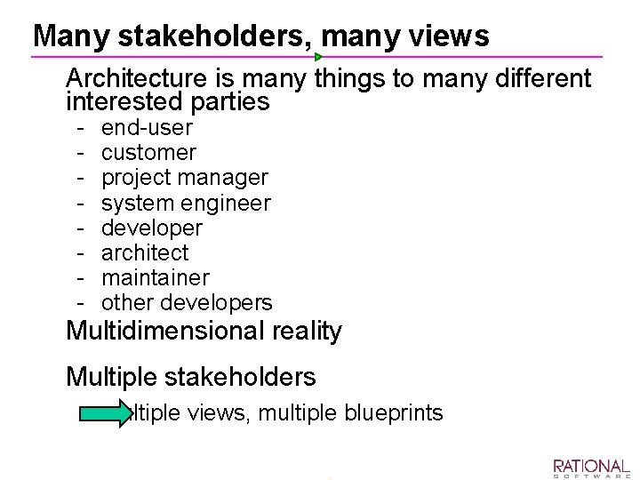 Many stakeholders, many views Ø Architecture is many things to many different interested parties