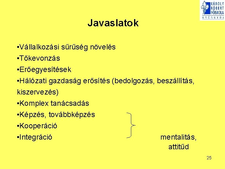 Javaslatok • Vállalkozási sűrűség növelés • Tőkevonzás • Erőegyesítések • Hálózati gazdaság erősítés (bedolgozás,