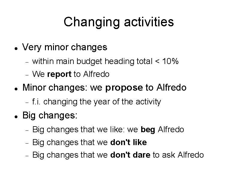 Changing activities Very minor changes within main budget heading total < 10% We report