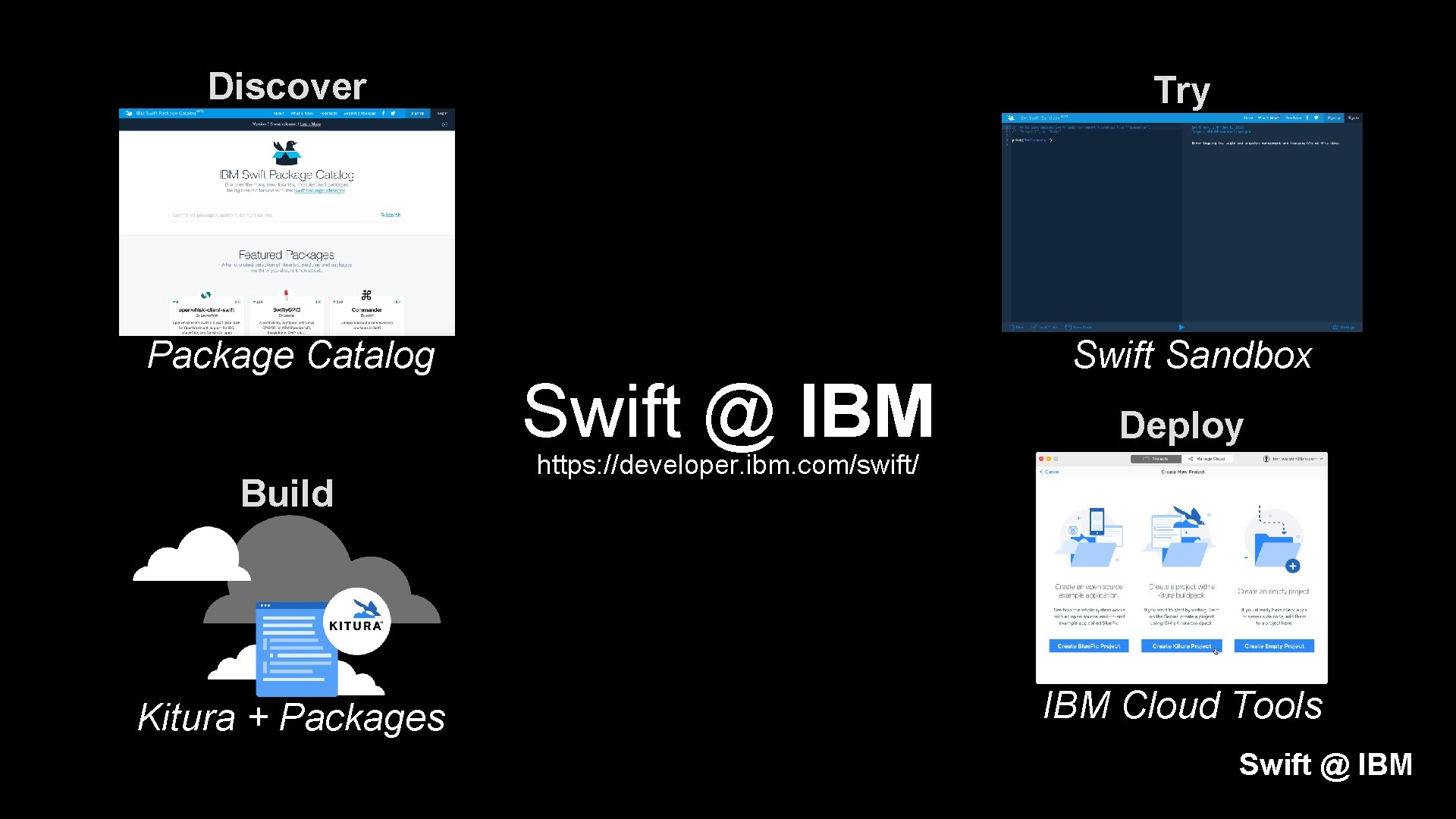 Discover Try Package Catalog Swift Sandbox Build Kitura + Packages Swift @ IBM Deploy