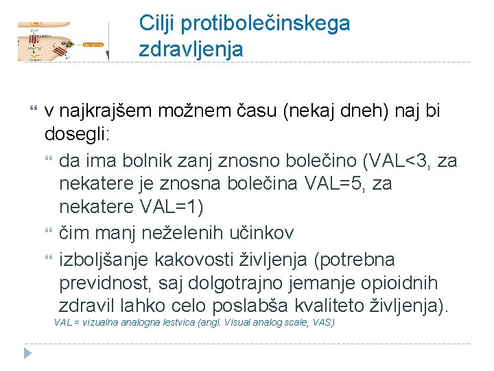 Cilji protibolečinskega zdravljenja v najkrajšem možnem času (nekaj dneh) naj bi dosegli: da ima