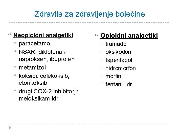 Zdravila za zdravljenje bolečine Neopioidni analgetiki paracetamol NSAR: diklofenak, naproksen, ibuprofen metamizol koksibi: celekoksib,