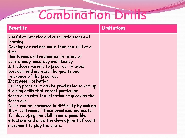 Combination Drills Benefits Useful at practice and automatic stages of learning Develops or refines