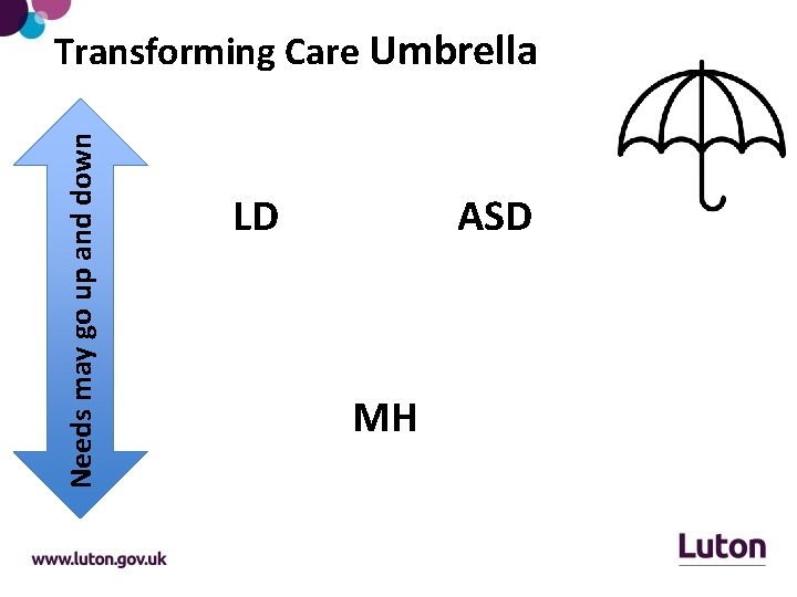 Needs may go up and down Transforming Care Umbrella LD ASD MH 