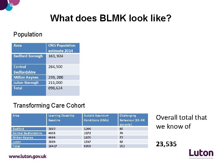 What does BLMK look like? Population Transforming Care Cohort Area Learning Disability Baseline Autistic