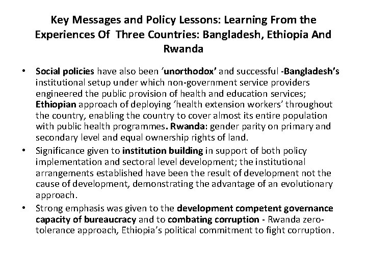 Key Messages and Policy Lessons: Learning From the Experiences Of Three Countries: Bangladesh, Ethiopia