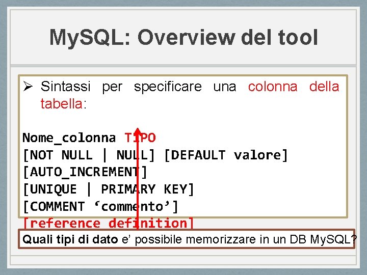 My. SQL: Overview del tool Ø Sintassi per specificare una colonna della tabella: Nome_colonna