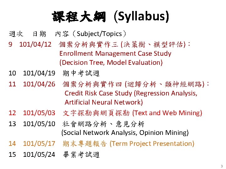 課程大綱 (Syllabus) 週次 日期 內容（Subject/Topics） 9 101/04/12 個案分析與實作三 (決策樹、模型評估)： Enrollment Management Case Study (Decision