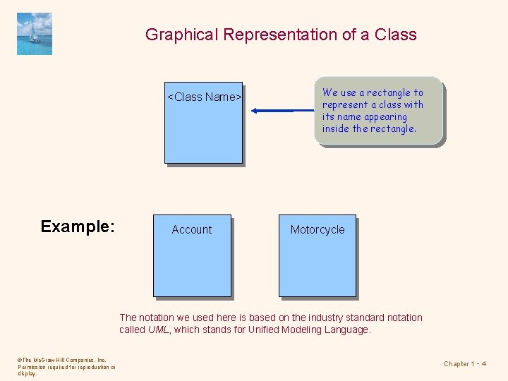 Graphical Representation of a Class <Class Name> Example: Account We use a rectangle to
