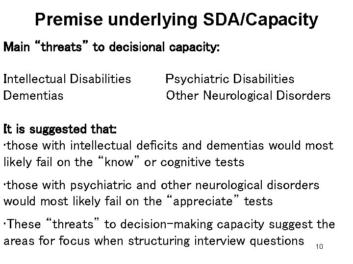 Premise underlying SDA/Capacity Main “threats” to decisional capacity: Intellectual Disabilities Dementias Psychiatric Disabilities Other