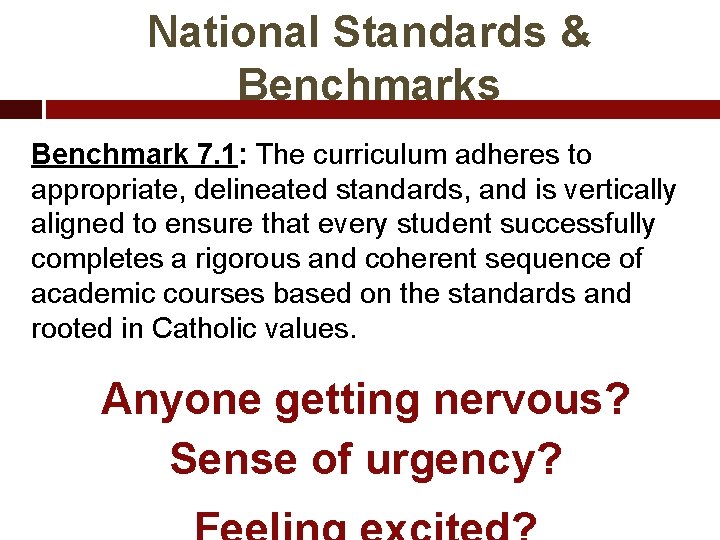 National Standards & Benchmarks Benchmark 7. 1: The curriculum adheres to appropriate, delineated standards,