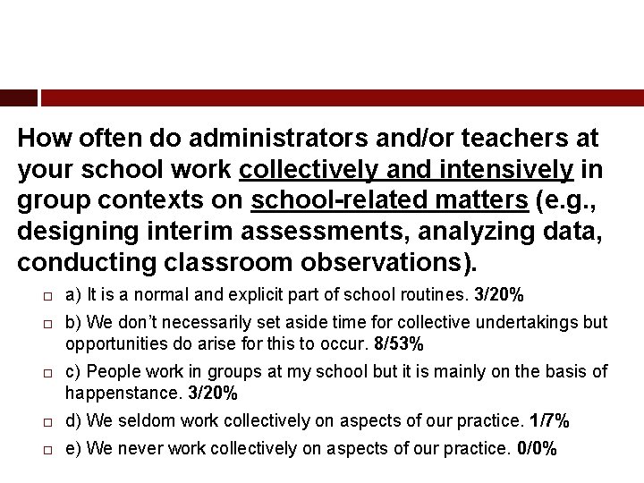 How often do administrators and/or teachers at your school work collectively and intensively in