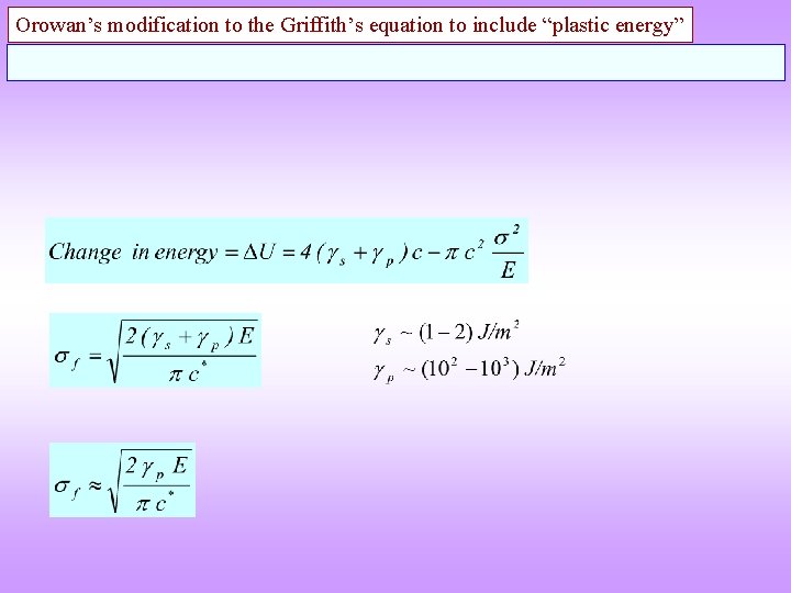 Orowan’s modification to the Griffith’s equation to include “plastic energy” 