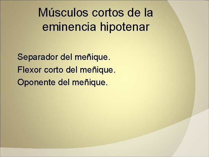 Músculos cortos de la eminencia hipotenar Separador del meñique. Flexor corto del meñique. Oponente