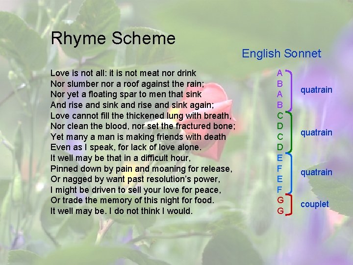 Rhyme Scheme Love is not all: it is not meat nor drink Nor slumber