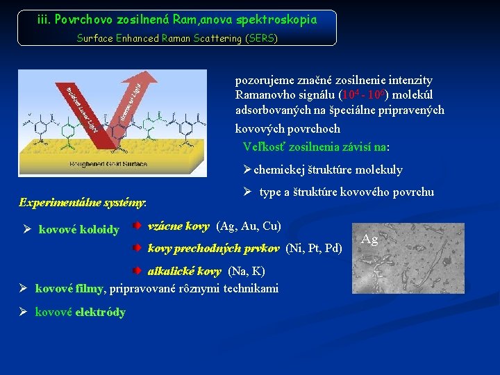 iii. Povrchovo zosilnená Ram, anova spektroskopia Surface Enhanced Raman Scattering (SERS) pozorujeme značné zosilnenie