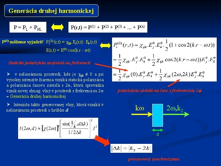 Generácia druhej harmonickej P = PL + PNL P(r, t) = P(1) + P(2)