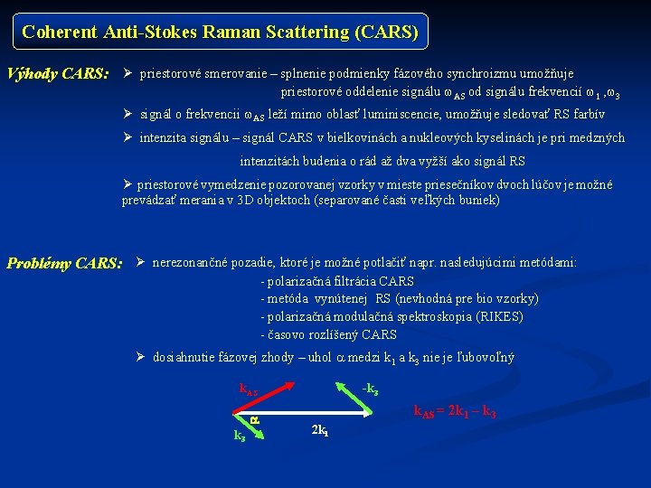 Coherent Anti-Stokes Raman Scattering (CARS) Výhody CARS: Ø priestorové smerovanie – splnenie podmienky fázového