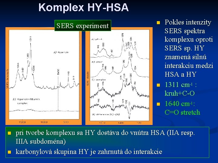 Komplex HY-HSA SERS experiment n n n Pokles intenzity SERS spektra komplexu oproti SERS