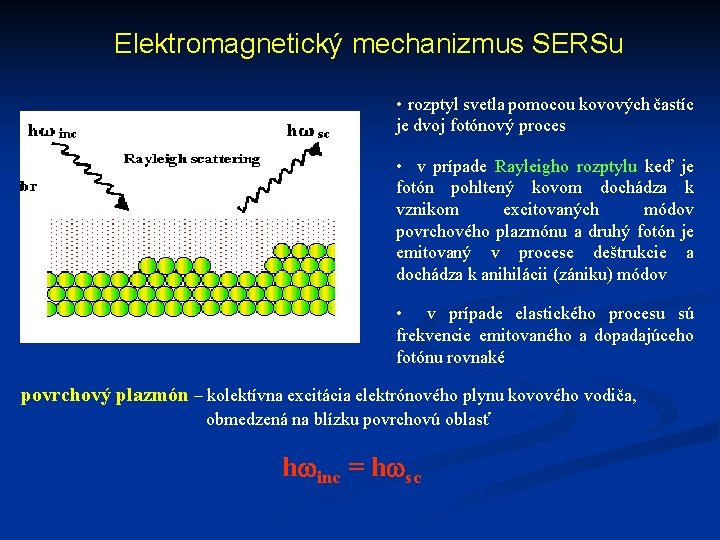 Elektromagnetický mechanizmus SERSu • rozptyl svetla pomocou kovových častíc je dvoj fotónový proces •