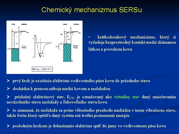 Chemický mechanizmus SERSu • krátkodosahový mechanizmus, ktorý si vyžaduje bezprostredný kontakt medzi skúmanou látkou