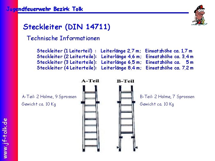 Jugendfeuerwehr Bezirk Tolk Steckleiter (DIN 14711) Technische Informationen www. jf-tolk. de Steckleiter (1 Leiterteil)