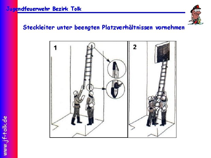 Jugendfeuerwehr Bezirk Tolk www. jf-tolk. de Steckleiter unter beengten Platzverhältnissen vornehmen 