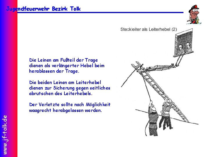 Jugendfeuerwehr Bezirk Tolk Die Leinen am Fußteil der Trage dienen als verlängerter Hebel beim