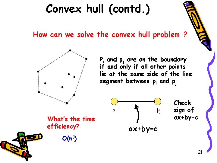 Convex hull (contd. ) How can we solve the convex hull problem ? Pi